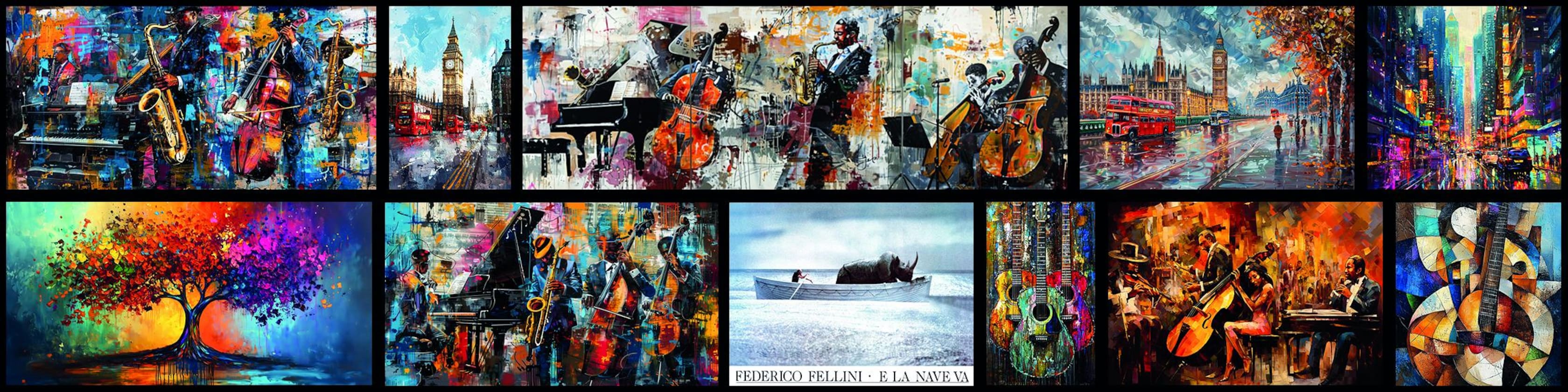 Wall of RitmoArt canvases: jazz musicians, city scenes and cinema prints