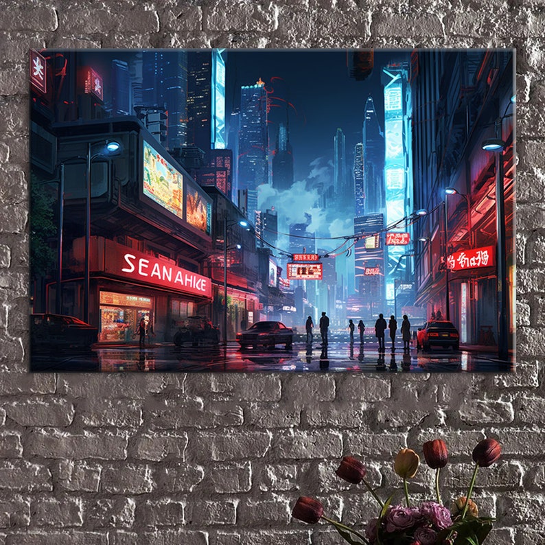 Neon cyberpunk night city canvas print